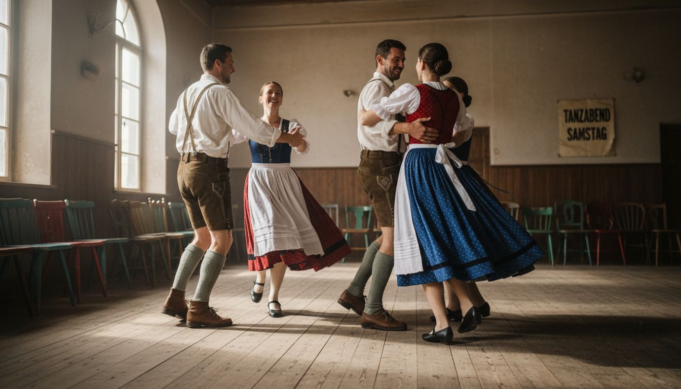 German folk dancers polka in dance hall