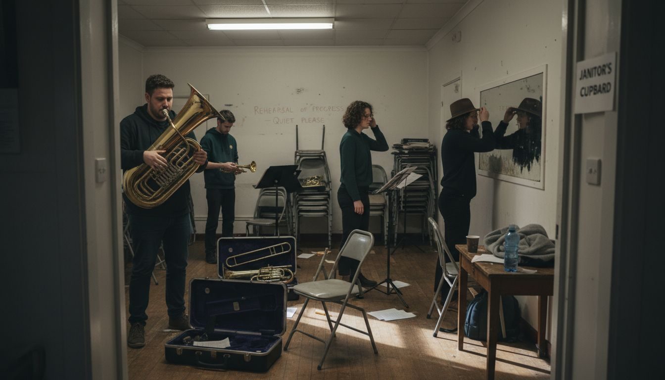 Oompah band rehearsal scene in community hall