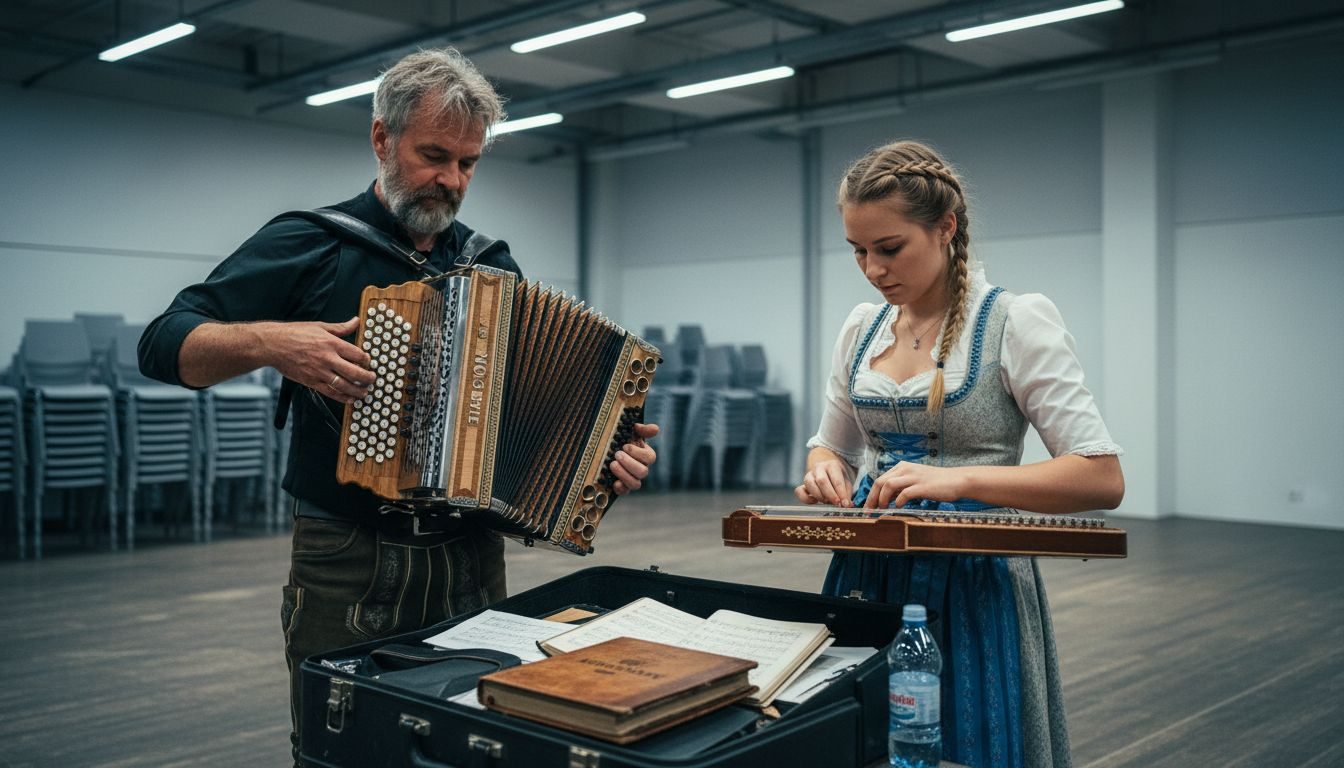 Musicians in Bavarian attire preparing backstage