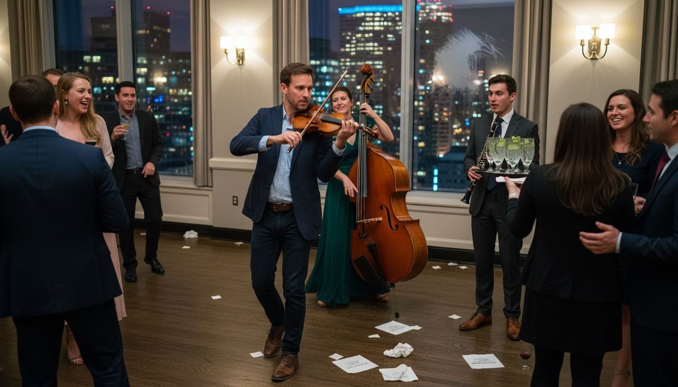 Band mingling among corporate event guests