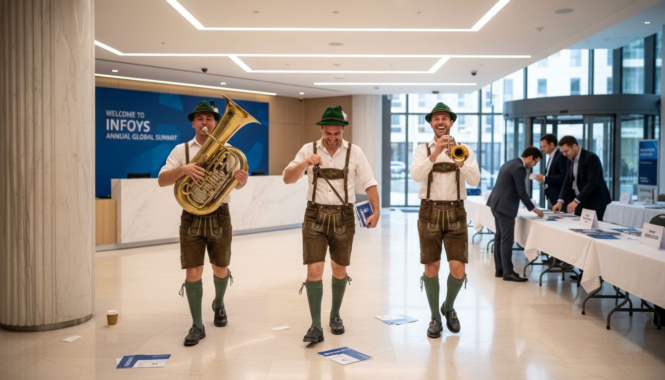 Bavarian oompah trio plays in office lobby