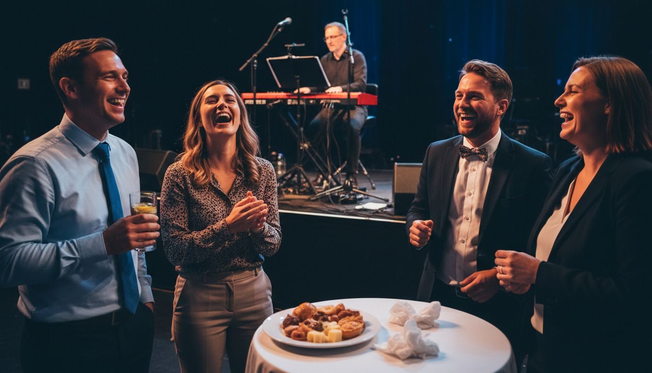 Employees laughing near stage at event